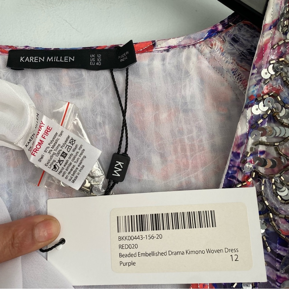 NEW Karen Millen Beaded Embellished Drama Kimono Woven Dress Size 10 Pink Purple - Picture 5 of 15